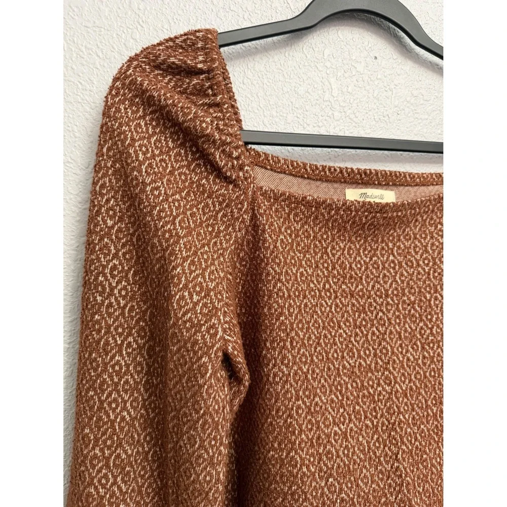 Madewell XS Rust Brown Jacquard Diamond Square Neck Puff Sleeve Top Blouse